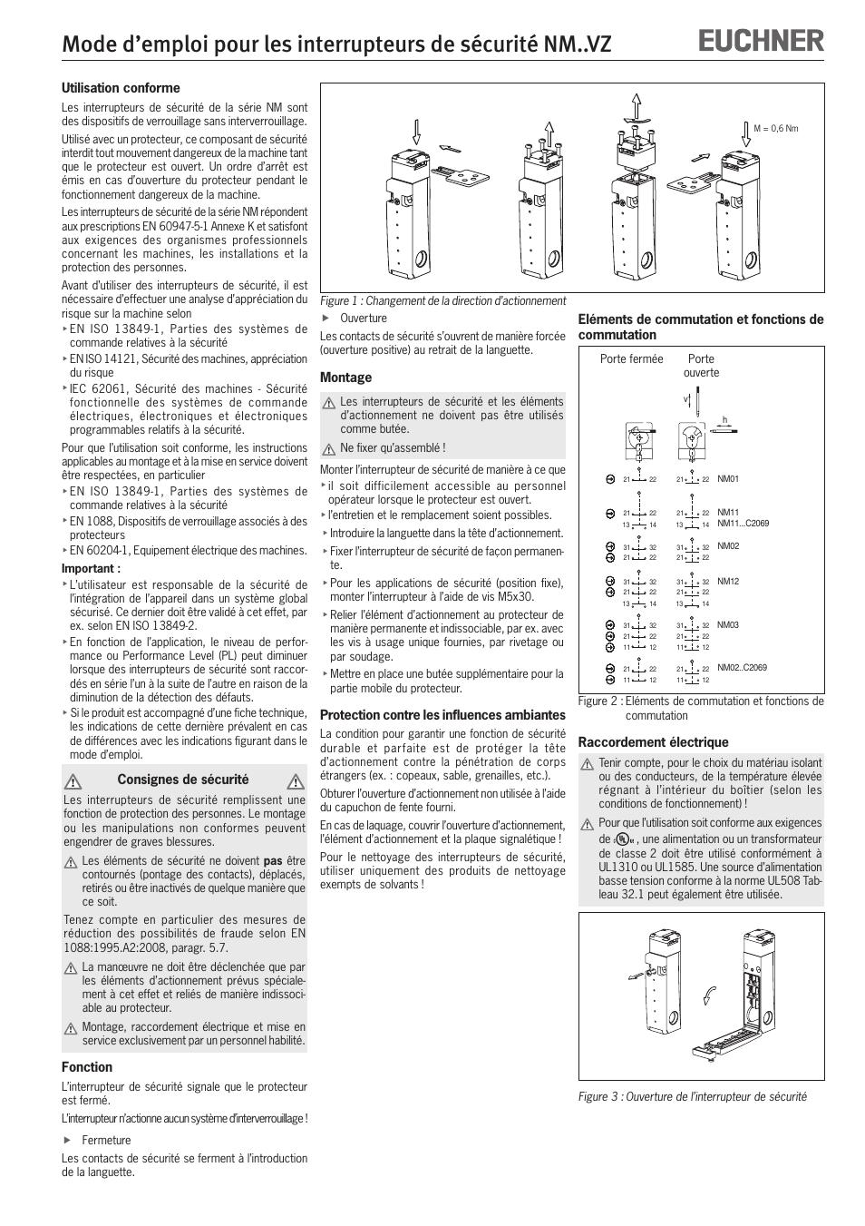 Utilisation conforme, Consignes de sécurité, Fonction | Montage, Protection contre les influences ambiantes, Raccordement électrique | EUCHNER NMxxVZ User Manual | Page 7 / 15