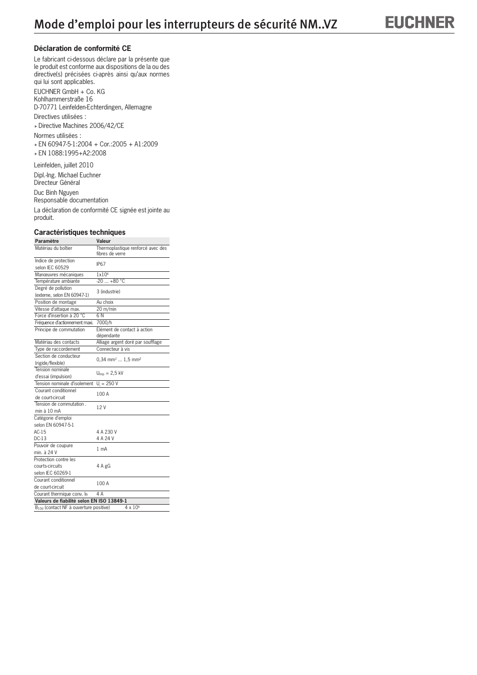 Déclaration de conformité ce, Caractéristiques techniques | EUCHNER NMxxVZ User Manual | Page 9 / 15