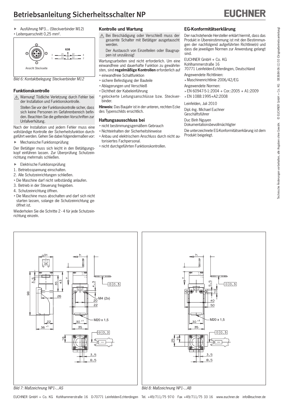 Betriebsanleitung sicherheitsschalter np | EUCHNER NP User Manual | Page 2 / 12