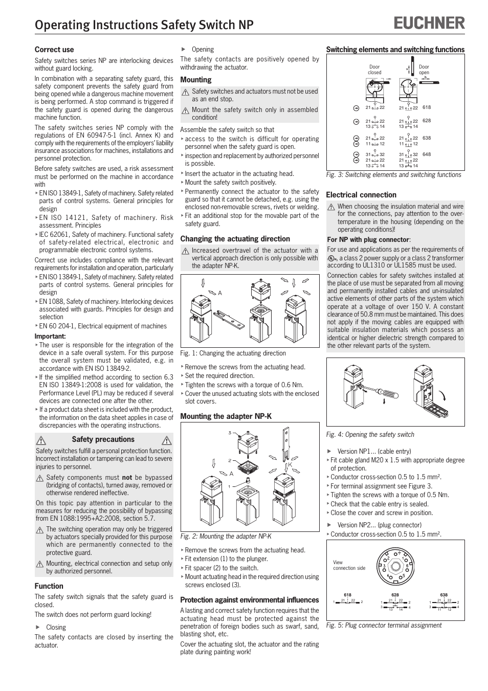 Operating instructions safety switch np, Correct use, Safety precautions | Function, Mounting, Changing the actuating direction, Mounting the adapter np-k, Protection against environmental influences, Switching elements and switching functions, Electrical connection | EUCHNER NP User Manual | Page 4 / 12