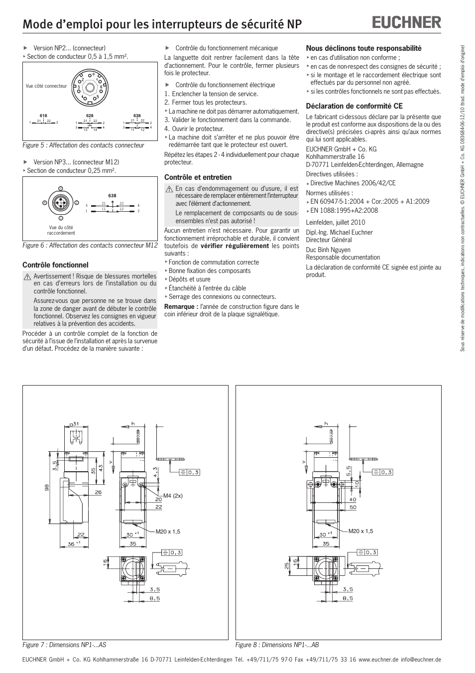 Contrôle fonctionnel, Contrôle et entretien, Nous déclinons toute responsabilité | Déclaration de conformité ce | EUCHNER NP User Manual | Page 8 / 12