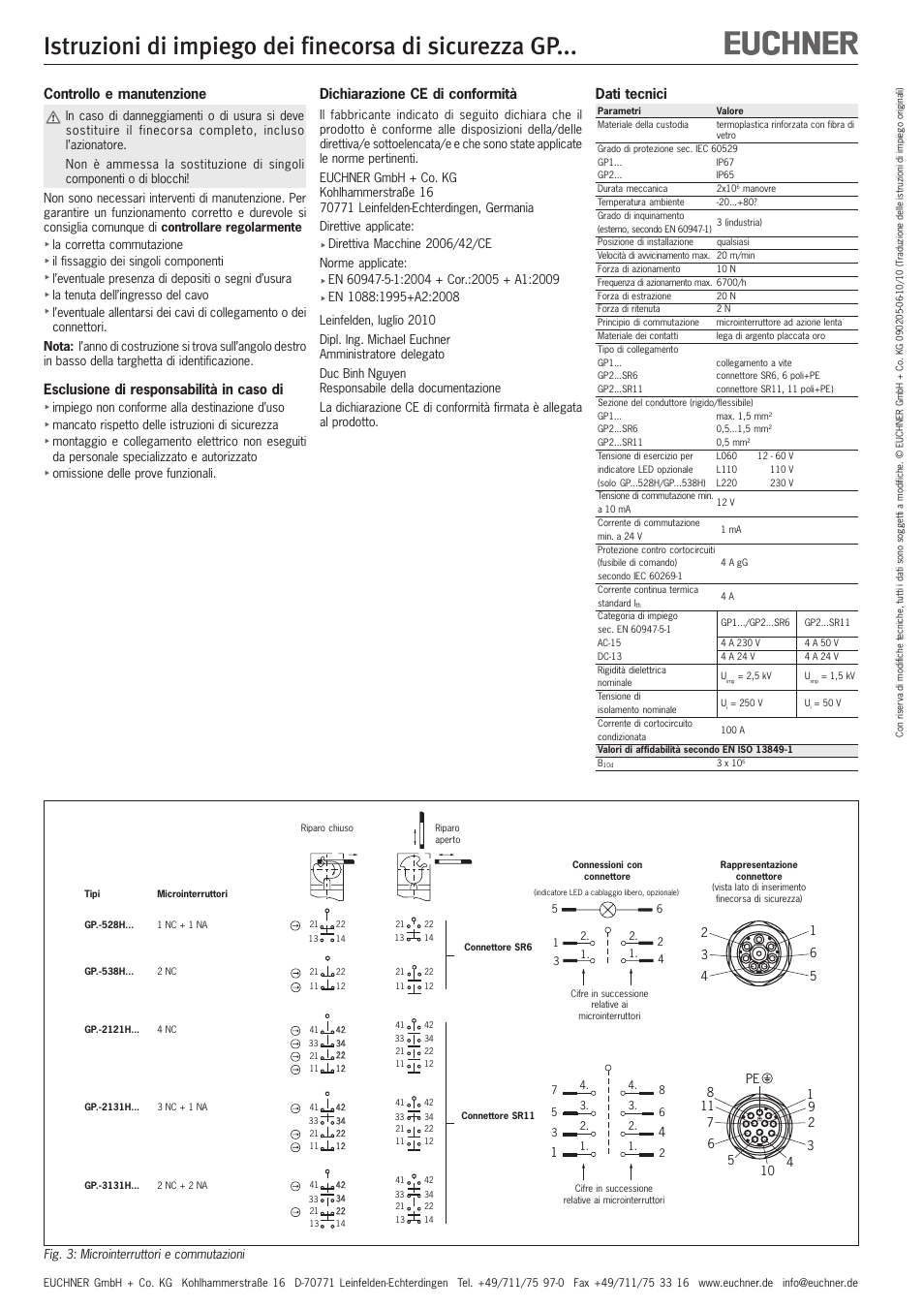 Controllo e manutenzione, Esclusione di responsabilità in caso di, Dichiarazione ce di conformità | Dati tecnici | EUCHNER GPxxx User Manual | Page 11 / 12