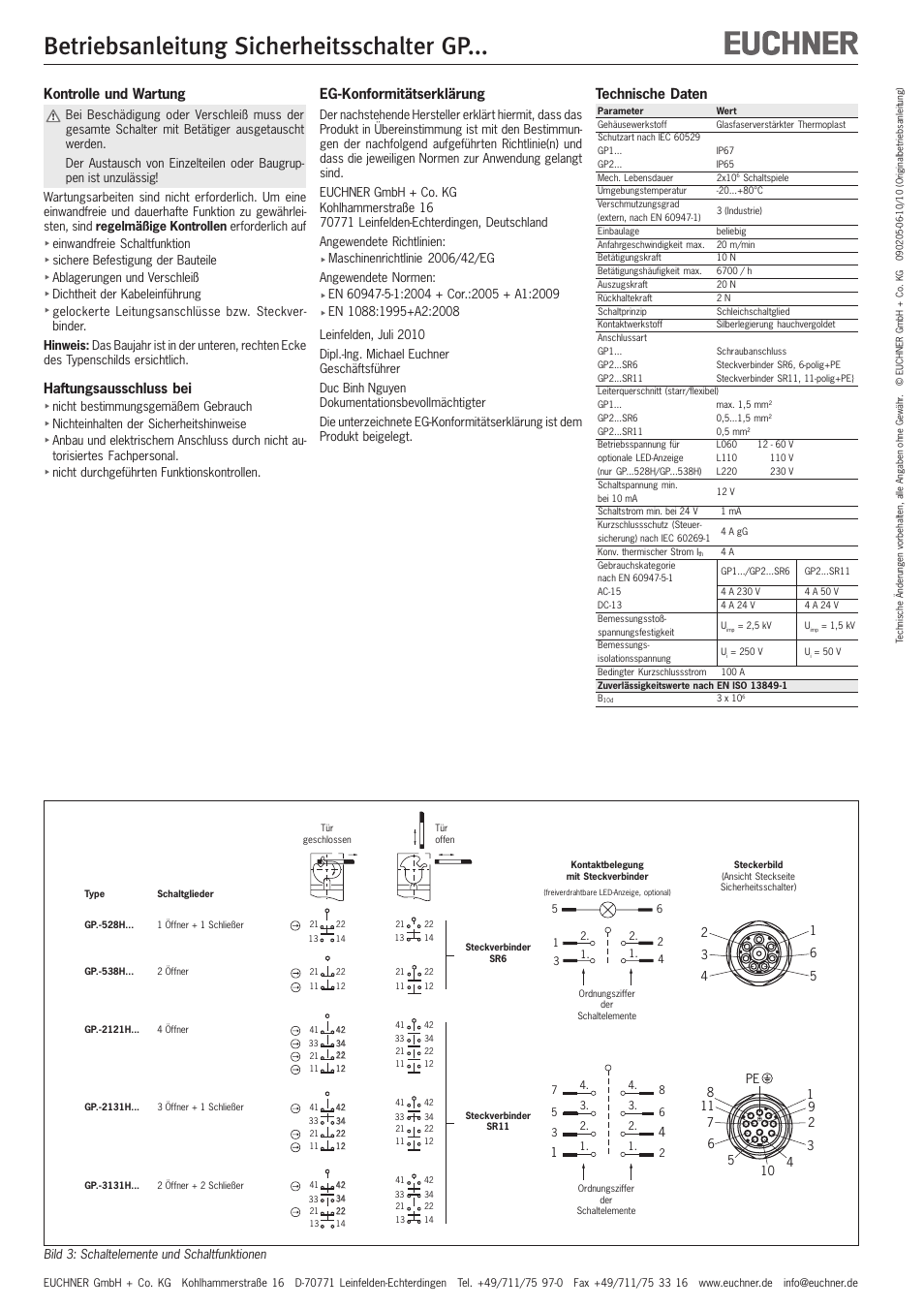 Betriebsanleitung sicherheitsschalter gp, Kontrolle und wartung, Haftungsausschluss bei | Eg-konformitätserklärung, Technische daten | EUCHNER GPxxx User Manual | Page 2 / 12