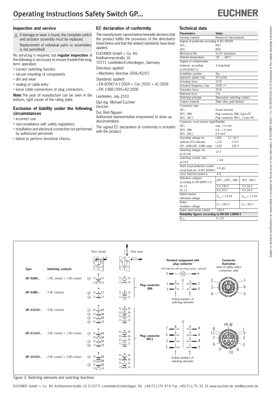 Operating instructions safety switch gp, Inspection and service, Ec declaration of conformity | Technical data | EUCHNER GPxxx User Manual | Page 5 / 12