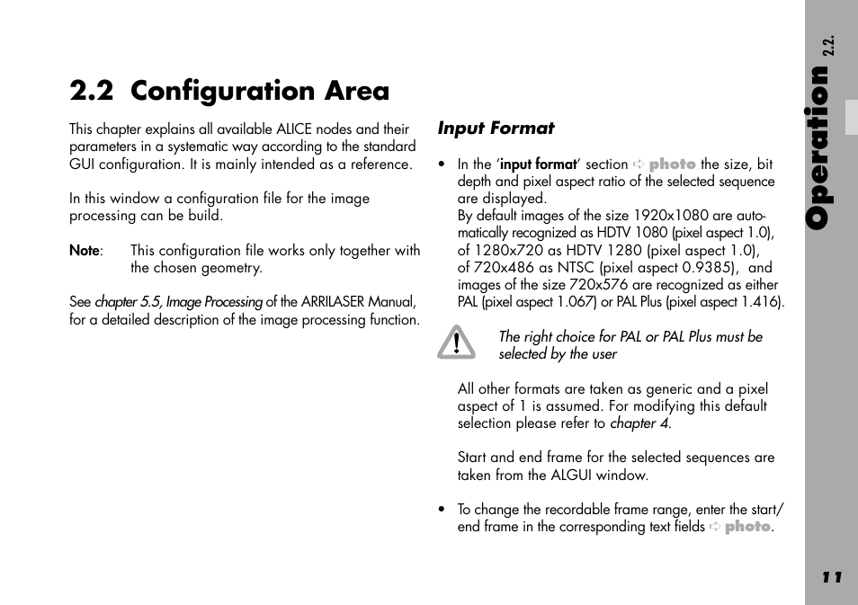 2 configuration area, Input format, Operation | ARRI Projection HDTV User Manual | Page 11 / 38