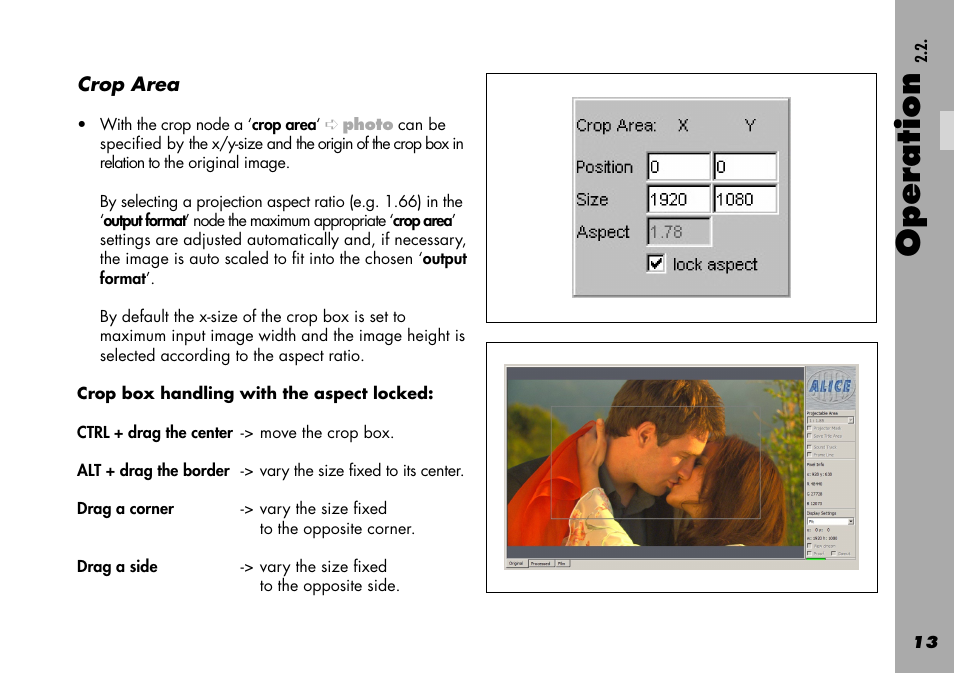 Crop area, Crop box handling with the aspect locked, Operation | ARRI Projection HDTV User Manual | Page 13 / 38