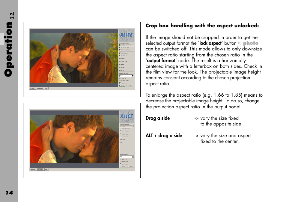 Crop box handling with the aspect unlocked, Operation | ARRI Projection HDTV User Manual | Page 14 / 38