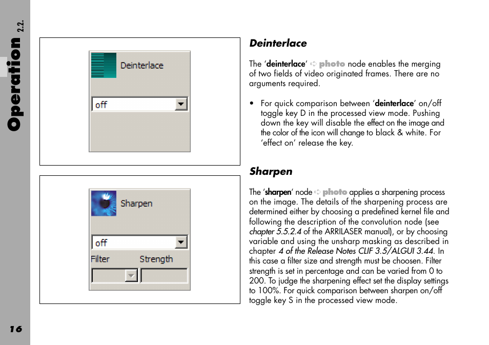 Deinterlace, Sharpen, Operation | ARRI Projection HDTV User Manual | Page 16 / 38