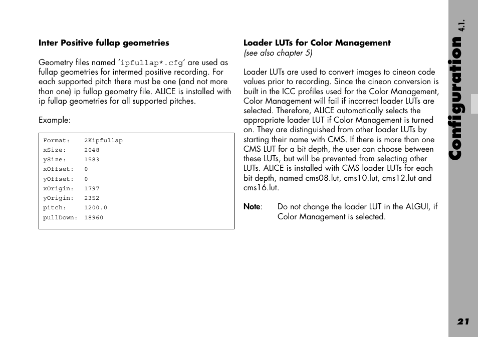 Inter positive fullap geometries, Loader luts for color management, Configuration | ARRI Projection HDTV User Manual | Page 21 / 38