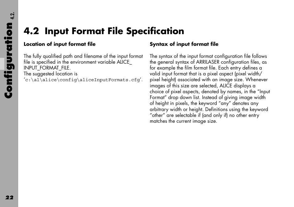 2 input format file specification, Location of input format file, Syntax of input format file | Configuration | ARRI Projection HDTV User Manual | Page 22 / 38