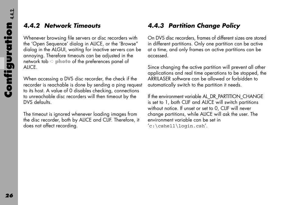 2 network timeouts, 3 partition change policy, Configuration | ARRI Projection HDTV User Manual | Page 26 / 38