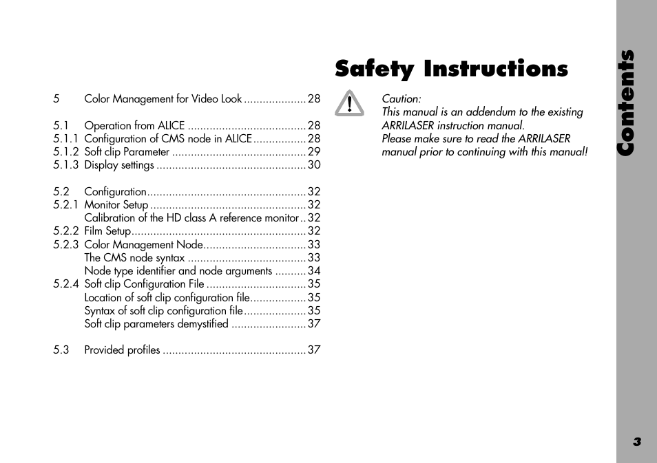 Safety instructions, Contents safety instructions | ARRI Projection HDTV User Manual | Page 3 / 38