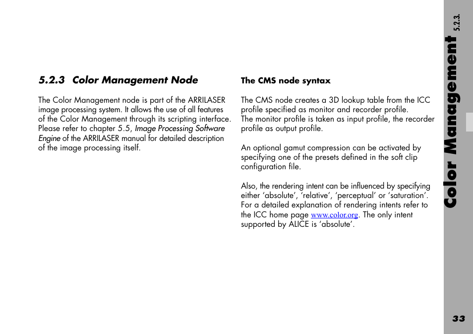 3 color management node, The cms node syntax, Color management | ARRI Projection HDTV User Manual | Page 33 / 38