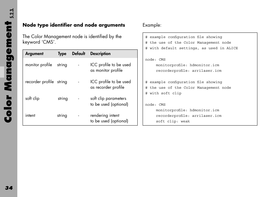 Node type identifier and node arguments, Color management | ARRI Projection HDTV User Manual | Page 34 / 38