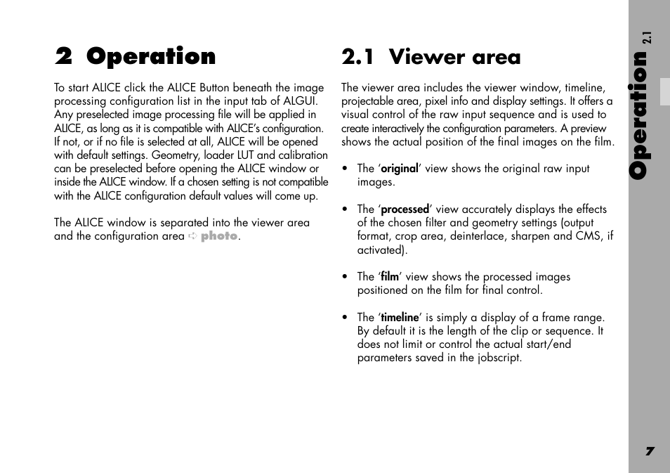 2 operation, 1 viewer area, Operation | ARRI Projection HDTV User Manual | Page 7 / 38