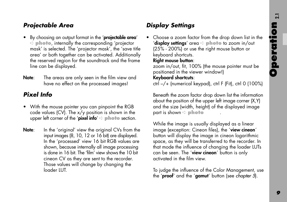 Projectable area, Pixel info, Display settings | Operation | ARRI Projection HDTV User Manual | Page 9 / 38