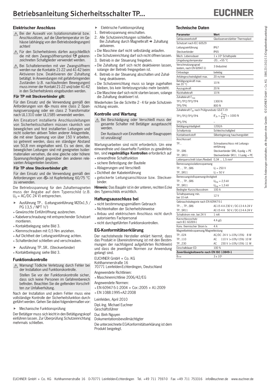 Betriebsanleitung sicherheitsschalter tp, Elektrischer anschluss, Funktionskontrolle | Kontrolle und wartung, Haftungsausschluss bei, Eg-konformitätserklärung, Technische daten | EUCHNER TPxxx User Manual | Page 2 / 12