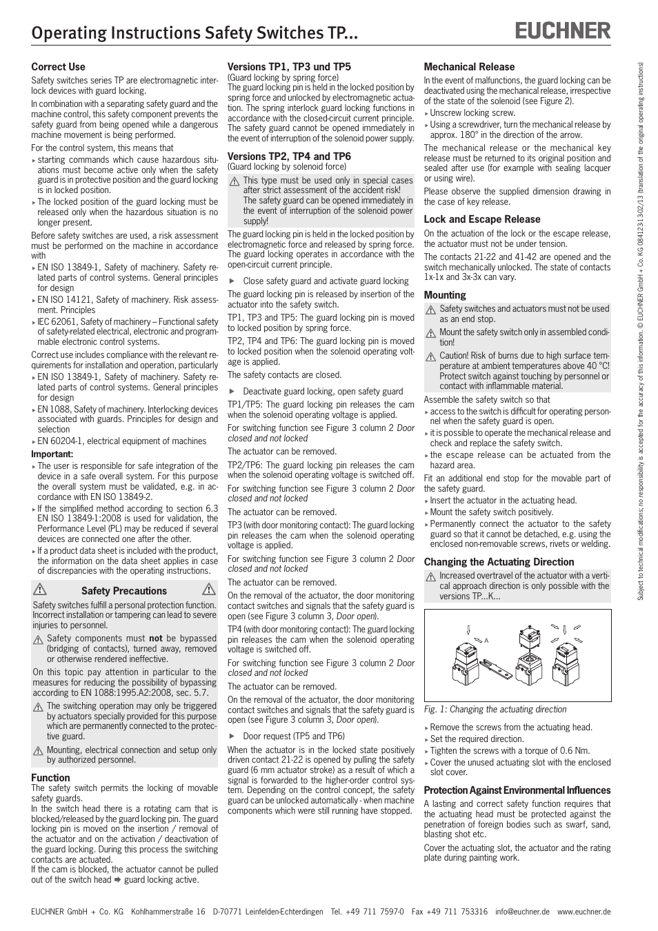 Operating instructions safety switches tp | EUCHNER TPxxx User Manual | Page 4 / 12