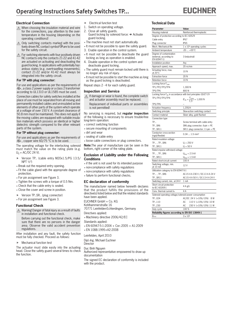 Operating instructions safety switches tp, Inspection and service, Ec declaration of conformity | Electrical connection, Functional check, Technical data | EUCHNER TPxxx User Manual | Page 5 / 12