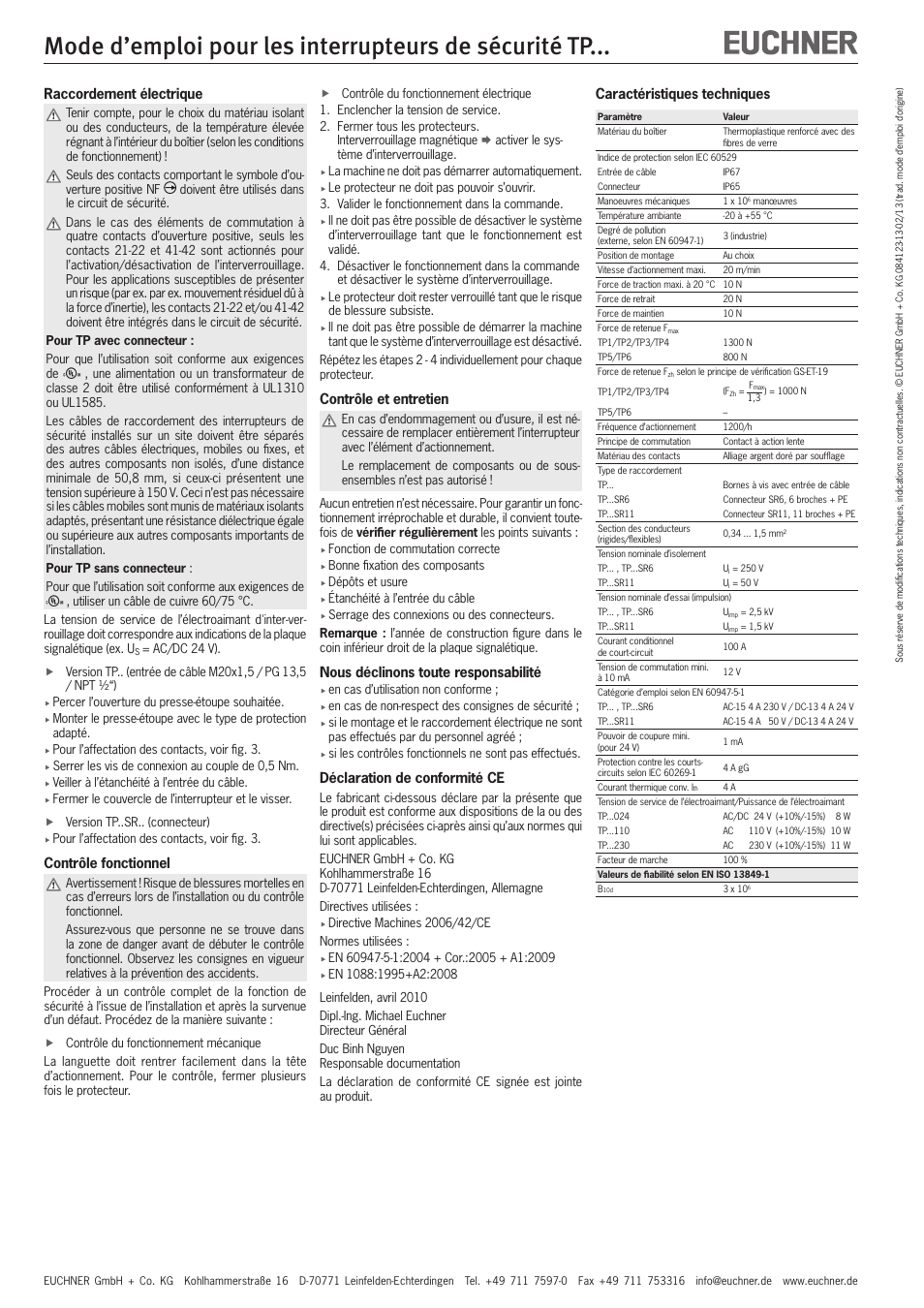 Raccordement électrique, Contrôle fonctionnel, Contrôle et entretien | Nous déclinons toute responsabilité, Déclaration de conformité ce, Caractéristiques techniques | EUCHNER TPxxx User Manual | Page 8 / 12