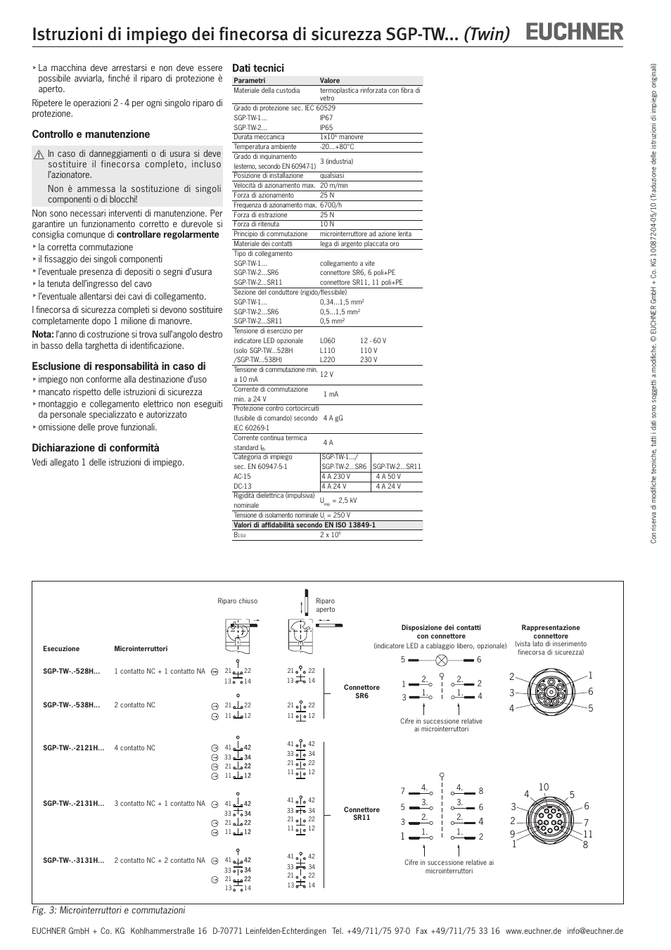 Twin), Controllo e manutenzione, Esclusione di responsabilità in caso di | Dichiarazione di conformità, Dati tecnici | EUCHNER SGP-TWxxx (Twin) User Manual | Page 11 / 12