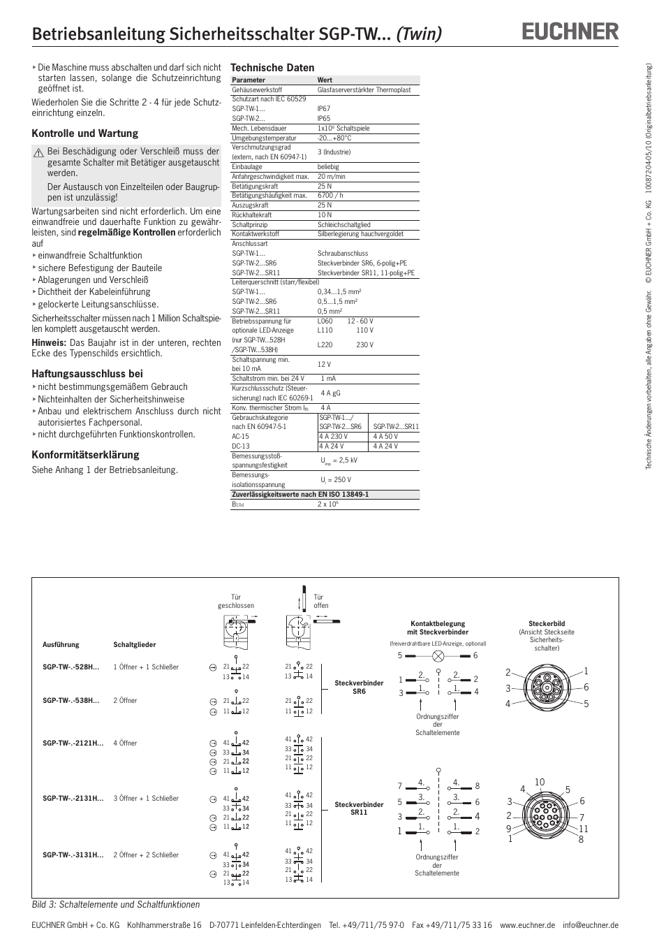 Twin), Betriebsanleitung sicherheitsschalter sgp-tw, Kontrolle und wartung | Haftungsausschluss bei, Konformitätserklärung, Technische daten | EUCHNER SGP-TWxxx (Twin) User Manual | Page 2 / 12