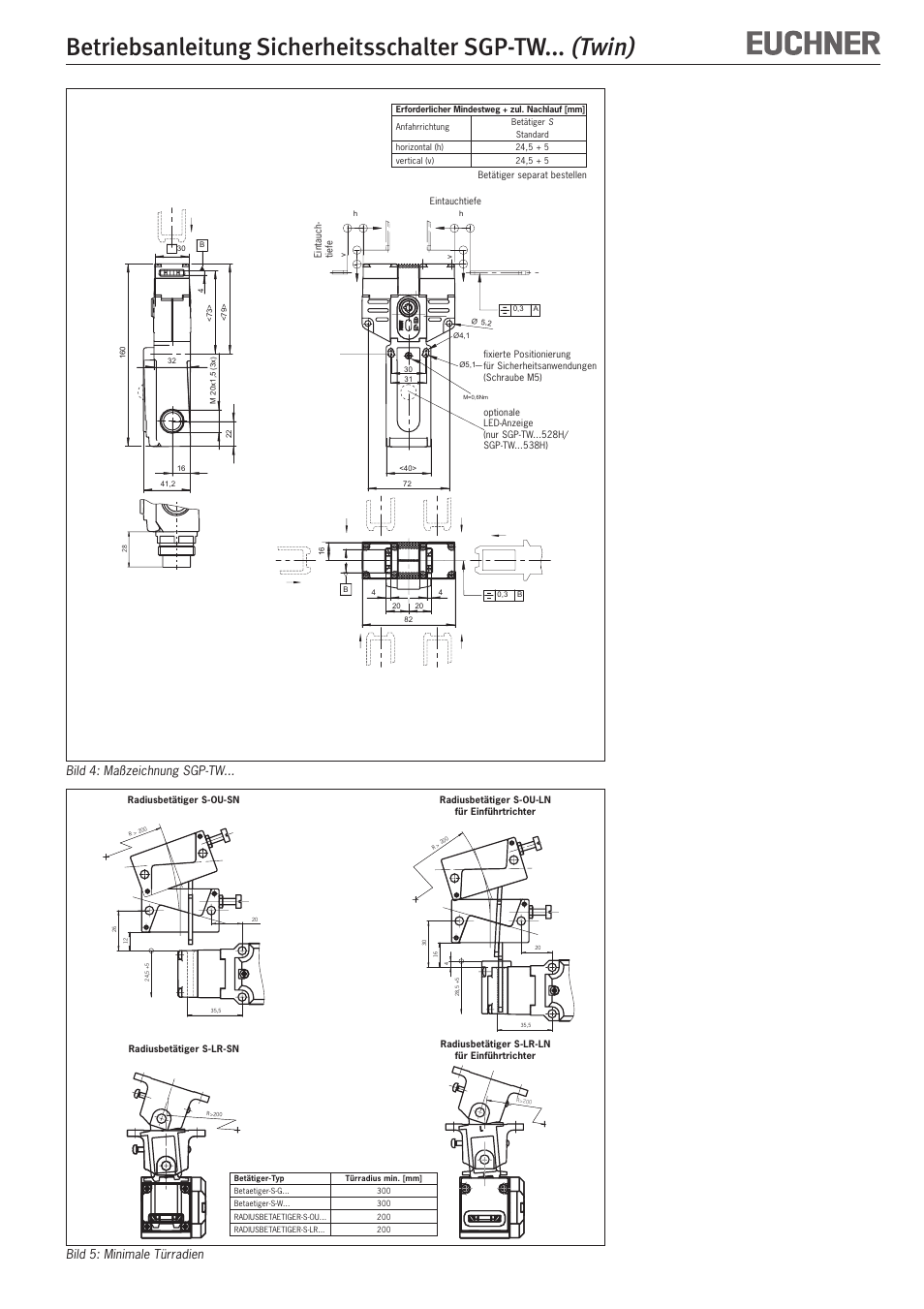 Twin), Betriebsanleitung sicherheitsschalter sgp-tw, Bild 4: maßzeichnung sgp-tw | Bild 5: minimale türradien | EUCHNER SGP-TWxxx (Twin) User Manual | Page 3 / 12