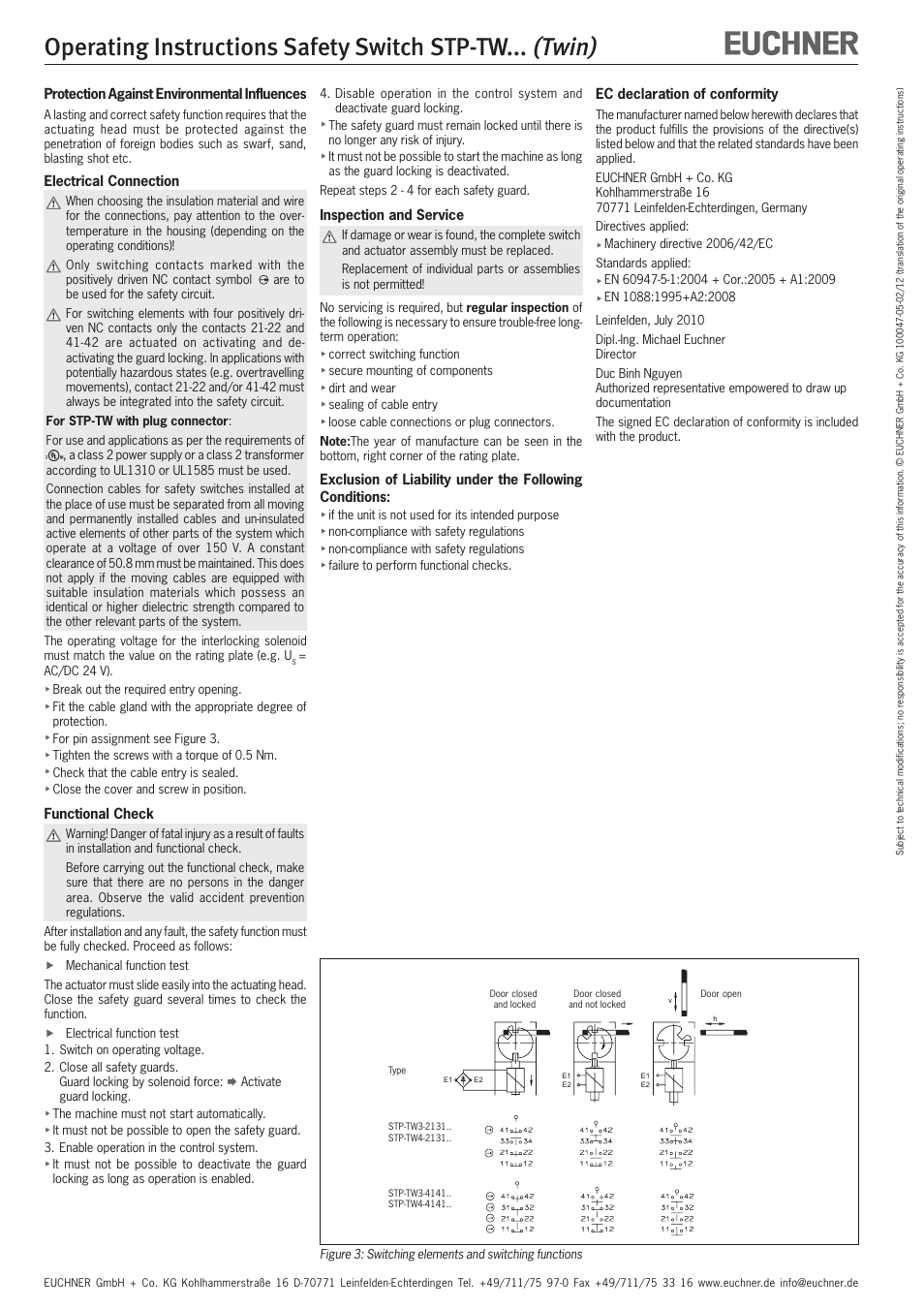 Twin), Operating instructions safety switch stp-tw | EUCHNER STP-TWxxx (Twin) User Manual | Page 5 / 15