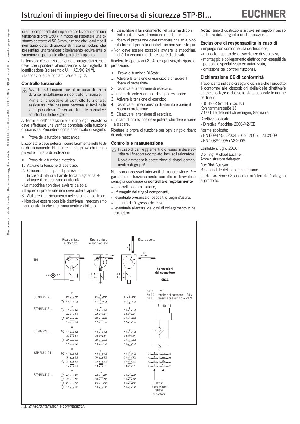 Controllo funzionale, Controllo e manutenzione, Esclusione di responsabilità in caso di | Dichiarazione ce di conformità | EUCHNER STP-BIxxx User Manual | Page 11 / 12