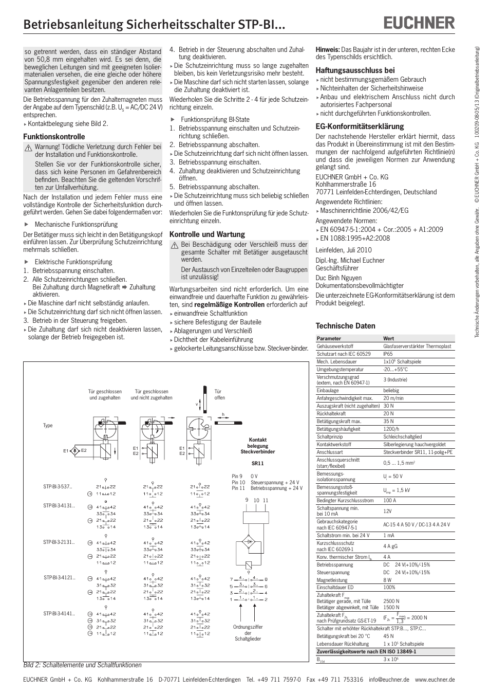 Betriebsanleitung sicherheitsschalter stp-bi, Funktionskontrolle, Kontrolle und wartung | Haftungsausschluss bei, Eg-konformitätserklärung, Technische daten | EUCHNER STP-BIxxx User Manual | Page 2 / 12