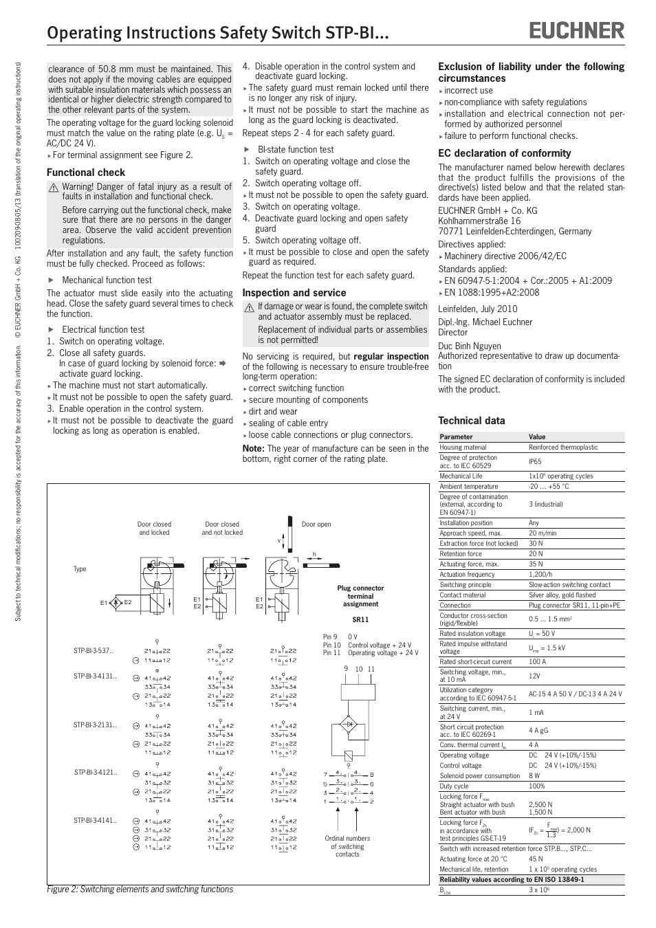 Operating instructions safety switch stp-bi, Functional check, Inspection and service | Ec declaration of conformity, Technical data | EUCHNER STP-BIxxx User Manual | Page 5 / 12