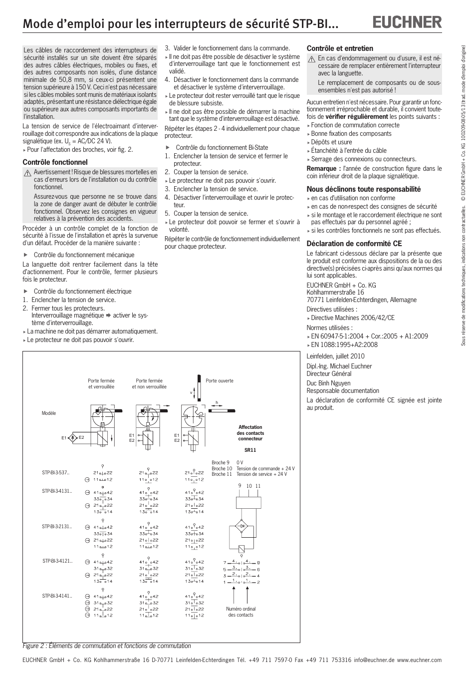 Contrôle fonctionnel, Contrôle et entretien, Nous déclinons toute responsabilité | Déclaration de conformité ce | EUCHNER STP-BIxxx User Manual | Page 8 / 12
