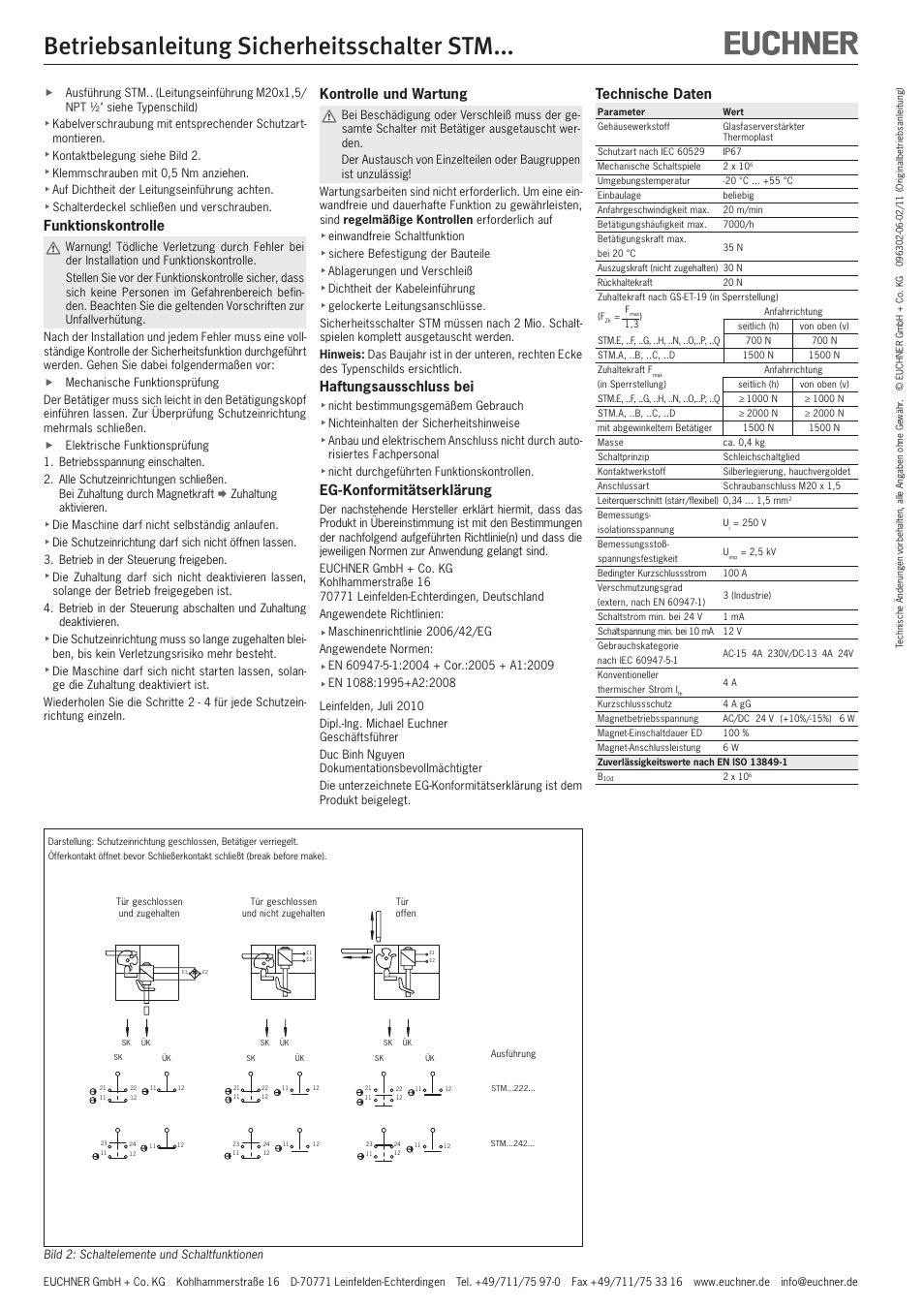 Betriebsanleitung sicherheitsschalter stm, Funktionskontrolle, Kontrolle und wartung | Haftungsausschluss bei, Eg-konformitätserklärung, Technische daten | EUCHNER STMxxx User Manual | Page 2 / 12