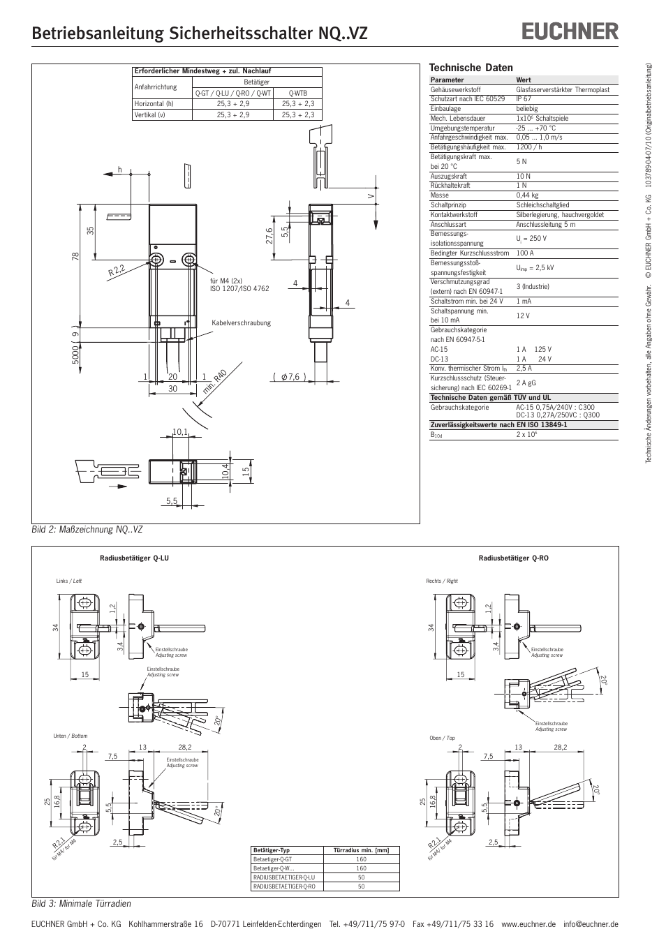 Betriebsanleitung sicherheitsschalter nq..vz, Technische daten | EUCHNER NQxxVZ User Manual | Page 2 / 8