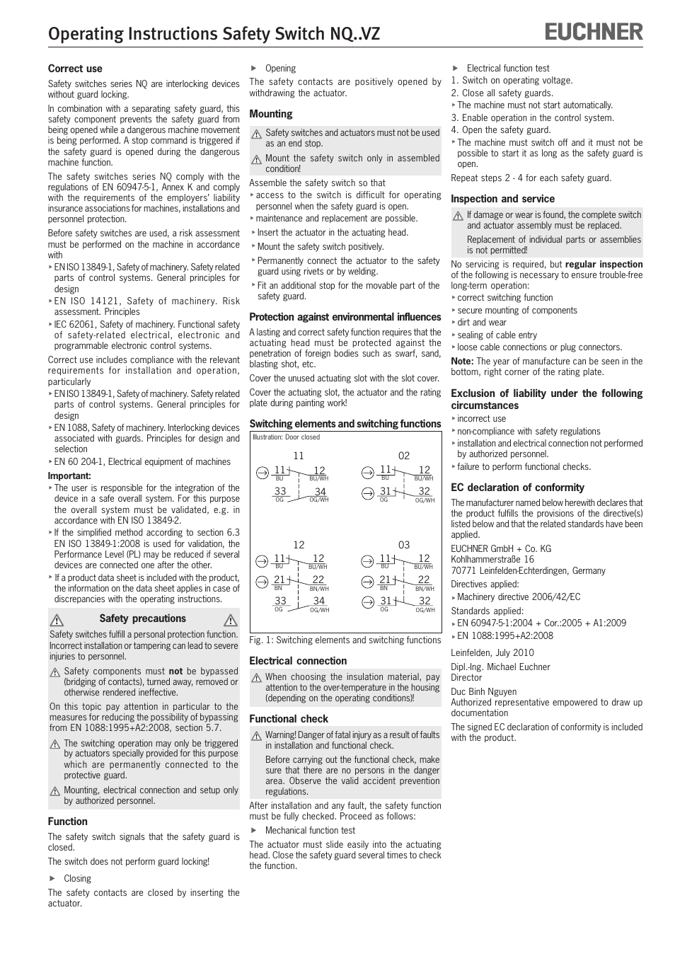 Operating instructions safety switch nq..vz | EUCHNER NQxxVZ User Manual | Page 3 / 8