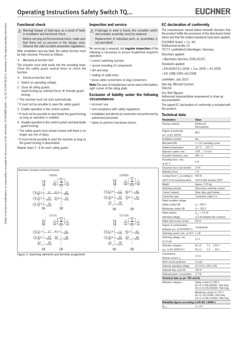 Operating instructions safety switch tq, Functional check, Inspection and service | Ec declaration of conformity, Technical data | EUCHNER TQxxx User Manual | Page 5 / 12