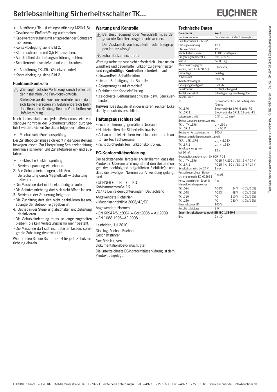 Betriebsanleitung sicherheitsschalter tk, Funktionskontrolle, Wartung und kontrolle | Haftungsausschluss bei, Eg-konformitätserklärung, Technische daten | EUCHNER TKxxx User Manual | Page 2 / 12