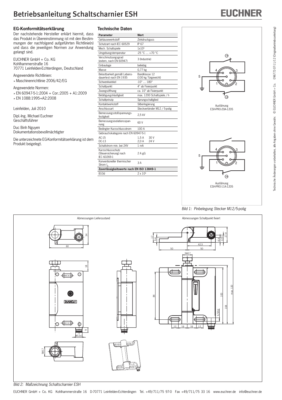 Betriebsanleitung schaltscharnier esh, Eg-konformitätserklärung, Technische daten | EUCHNER ESH User Manual | Page 2 / 8