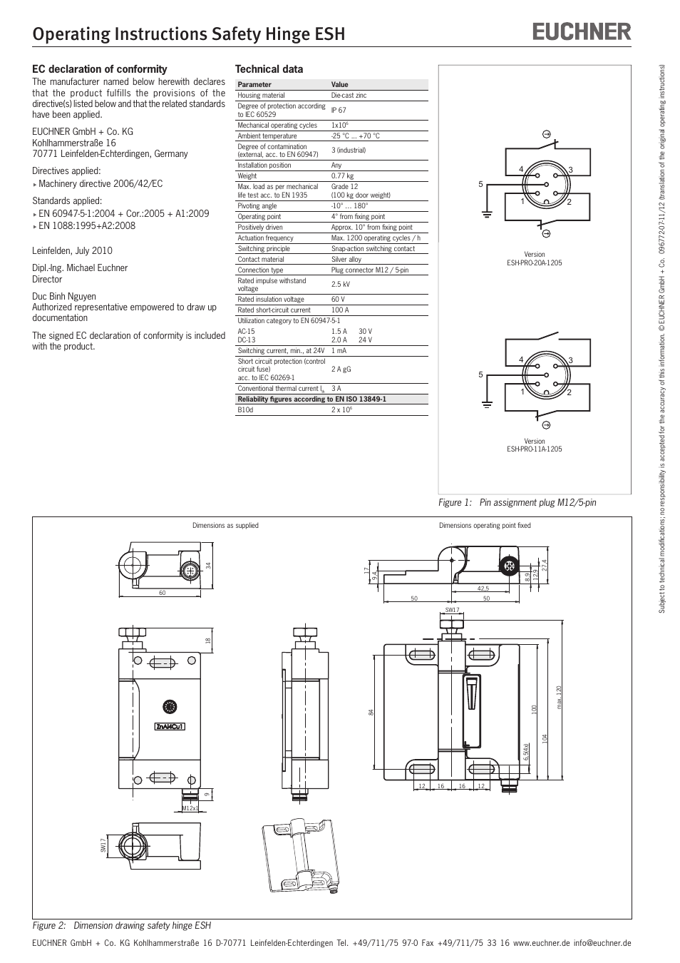 Operating instructions safety hinge esh, Ec declaration of conformity, Technical data | EUCHNER ESH User Manual | Page 4 / 8