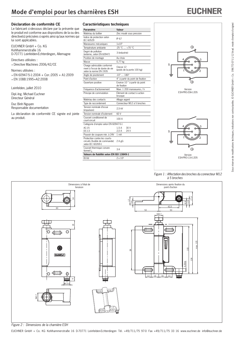 Mode d’emploi pour les charnières esh, Déclaration de conformité ce, Caractéristiques techniques | EUCHNER ESH User Manual | Page 6 / 8