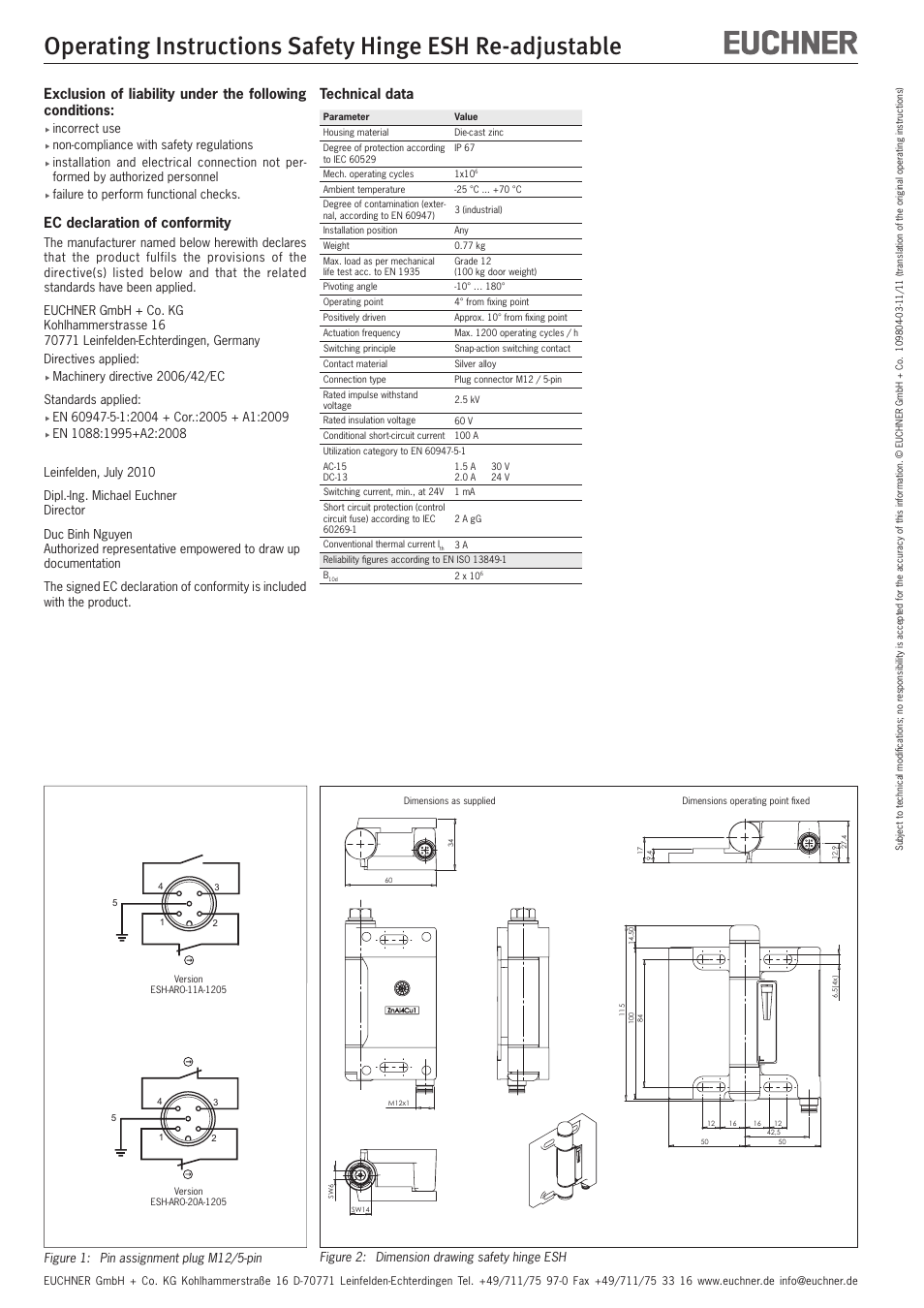 Ec declaration of conformity, Technical data | EUCHNER Hinge ESH Re-adjustable User Manual | Page 4 / 8