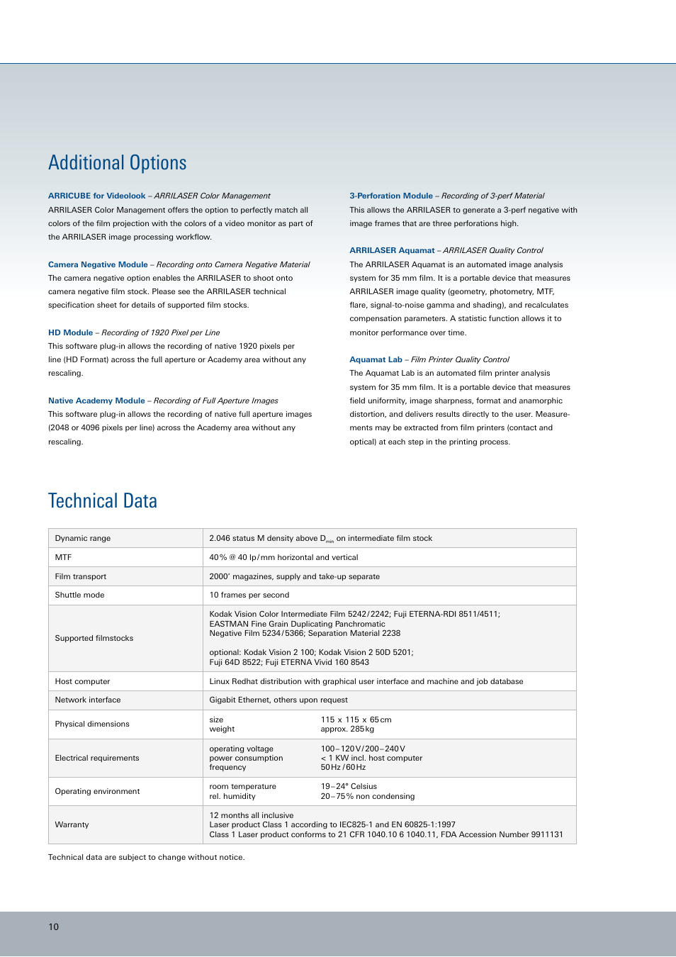 Additional options, Technical data | ARRI ARRILASER User Manual | Page 10 / 12