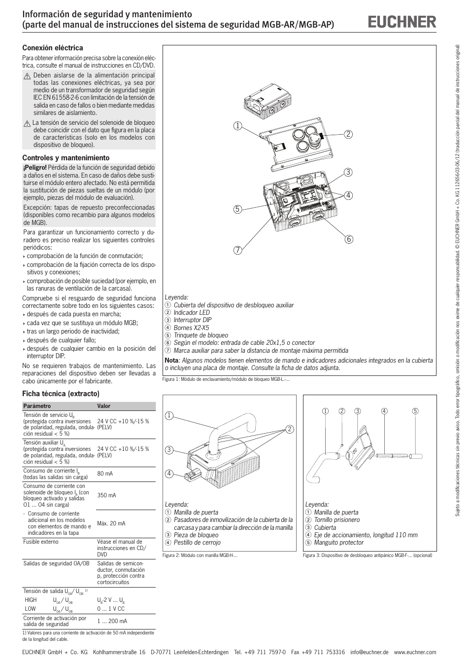 Conexión eléctrica, Controles y mantenimiento, Ficha técnica (extracto) | EUCHNER MGB-AP User Manual | Page 10 / 14