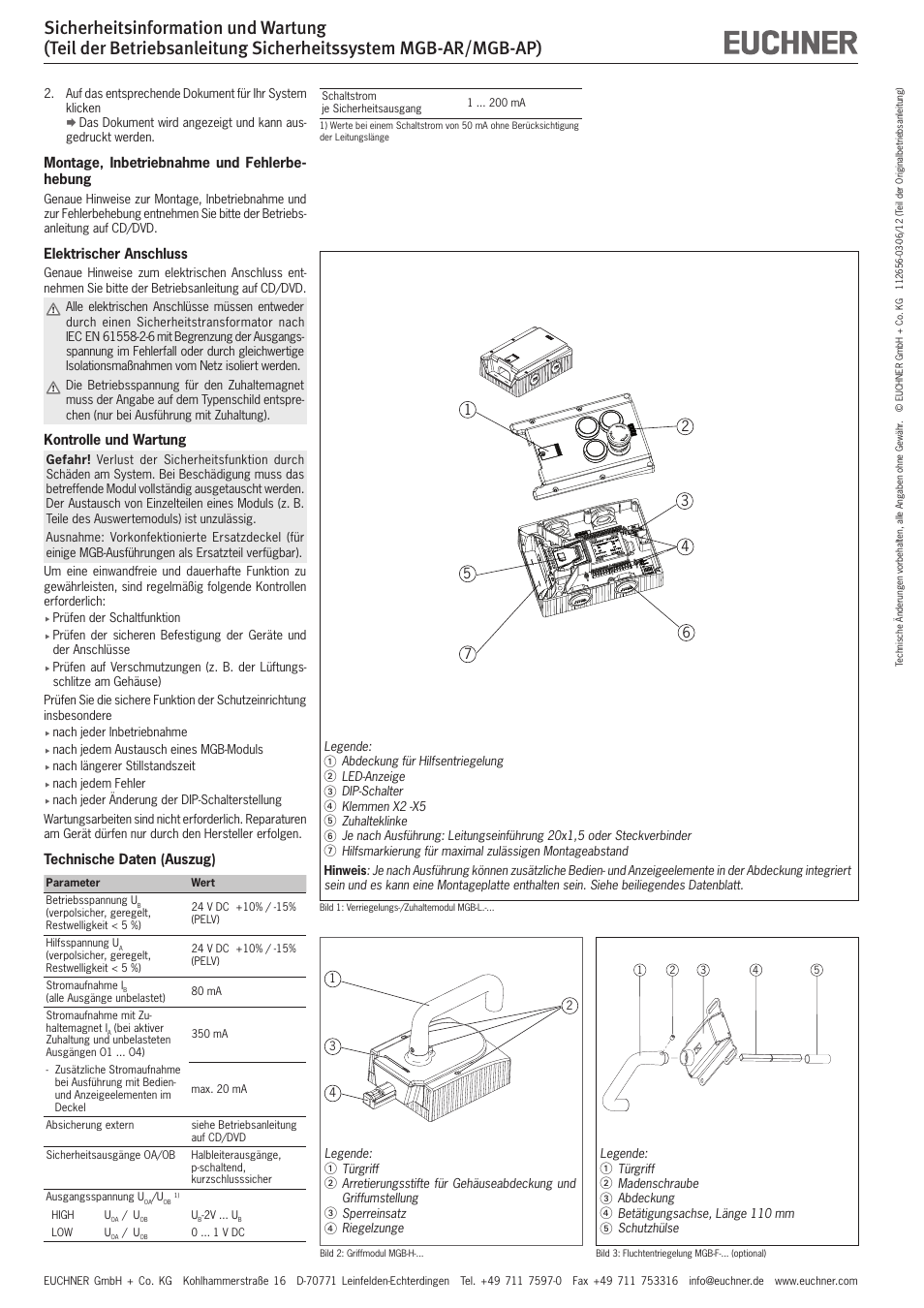 Montage, inbetriebnahme und fehlerbe- hebung, Elektrischer anschluss, Kontrolle und wartung | Technische daten (auszug) | EUCHNER MGB-AP User Manual | Page 2 / 14