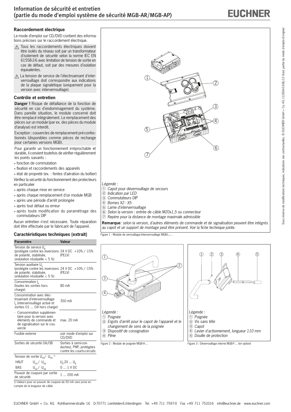 Raccordement électrique, Contrôle et entretien, Caractéristiques techniques (extrait) | EUCHNER MGB-AP User Manual | Page 6 / 14