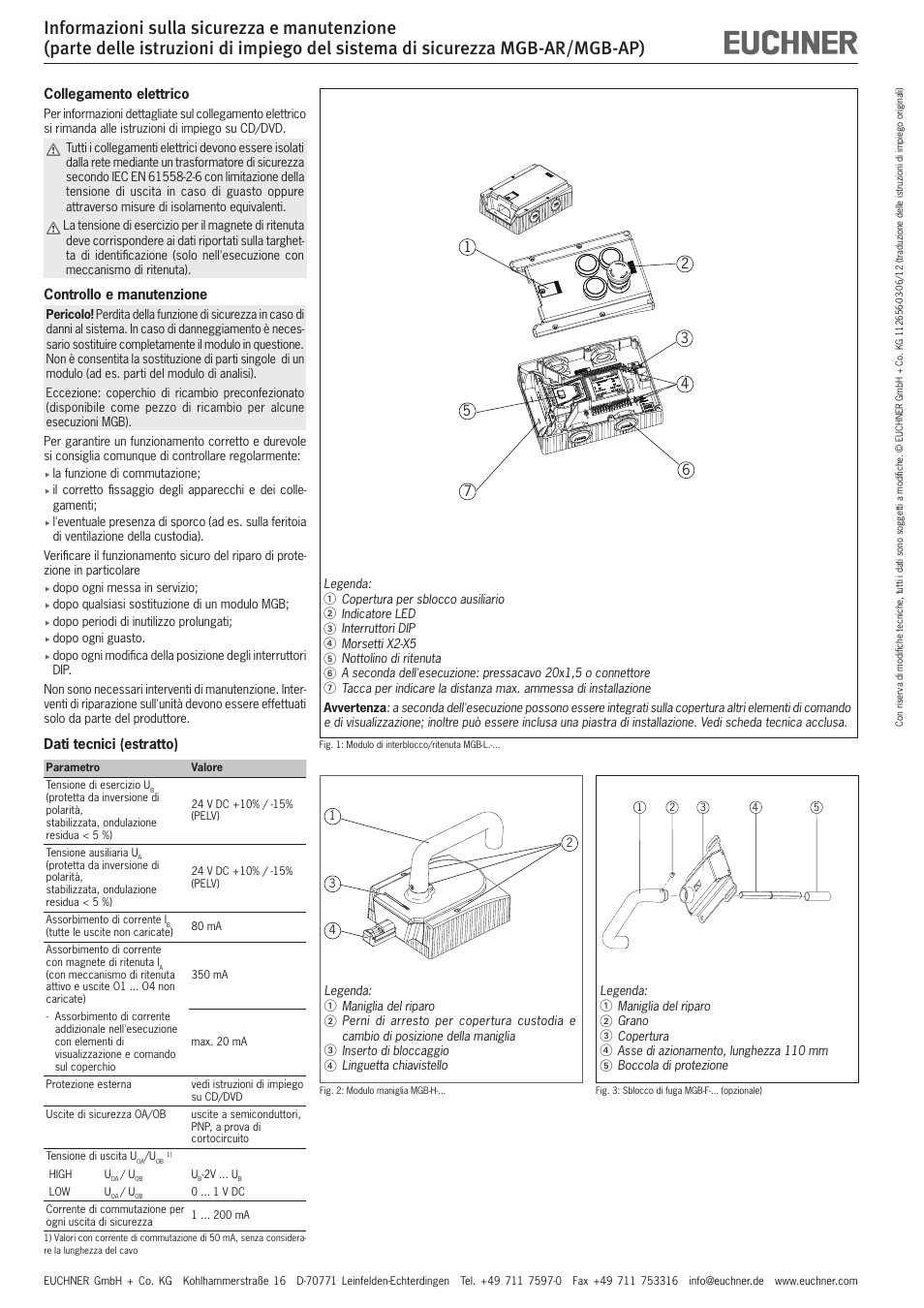Collegamento elettrico, Controllo e manutenzione, Dati tecnici (estratto) | EUCHNER MGB-AP User Manual | Page 8 / 14