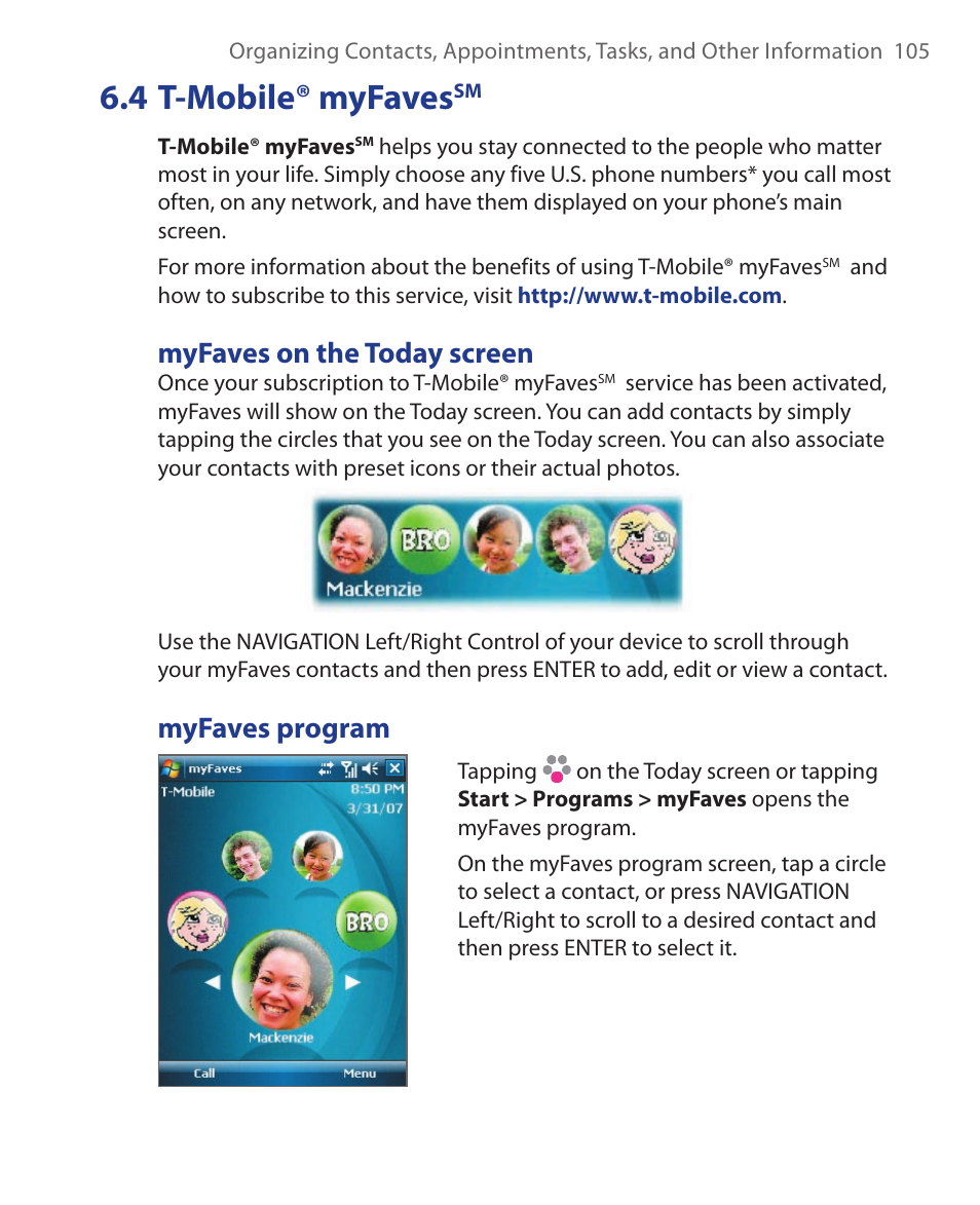 4 t-mobile® myfaves, Myfaves on the today screen, Myfaves program | ArcSoft Wing HERA110 User Manual | Page 105 / 258