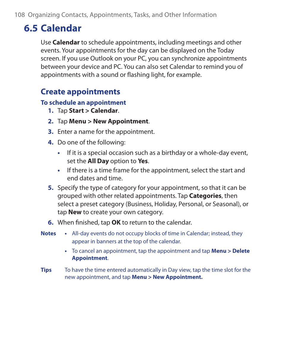 5 calendar, Create appointments | ArcSoft Wing HERA110 User Manual | Page 108 / 258