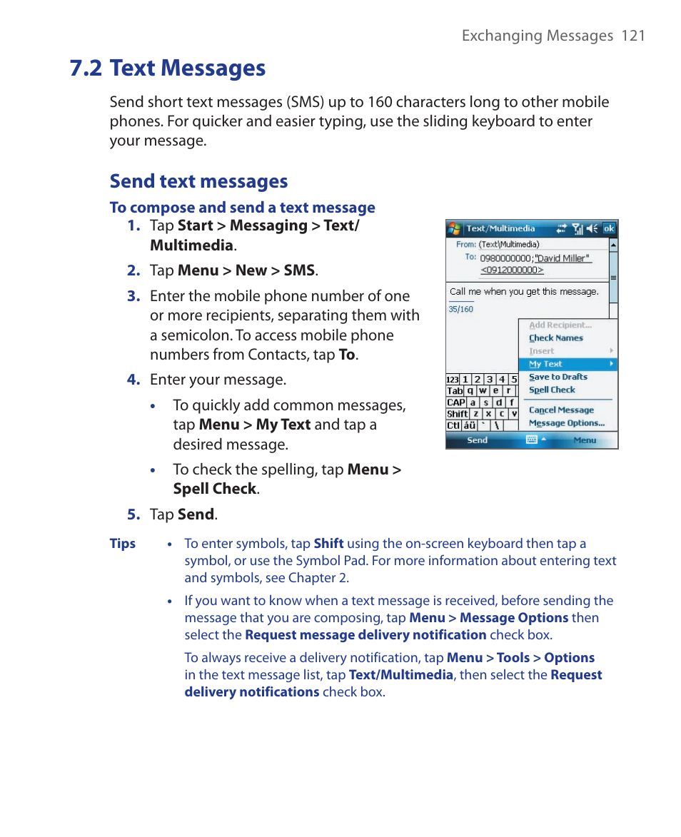 2 text messages, Send text messages | ArcSoft Wing HERA110 User Manual | Page 121 / 258