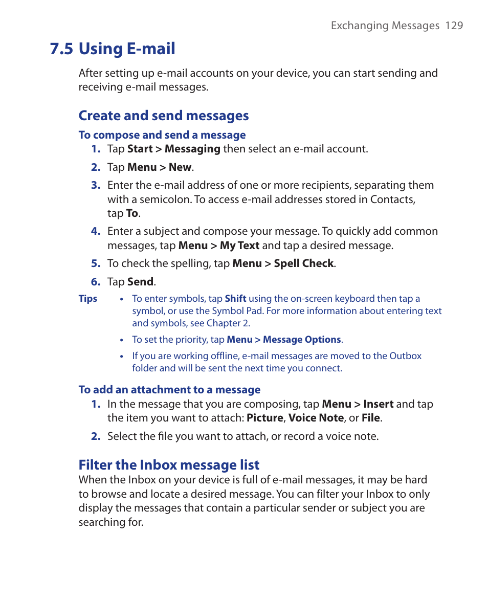 5 using e-mail, Create and send messages, Filter the inbox message list | ArcSoft Wing HERA110 User Manual | Page 129 / 258